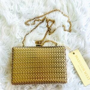 MADISON WEST Gold Metal Clutch Evening Handbag w/ Chain Strap 7x5 New With Tag
